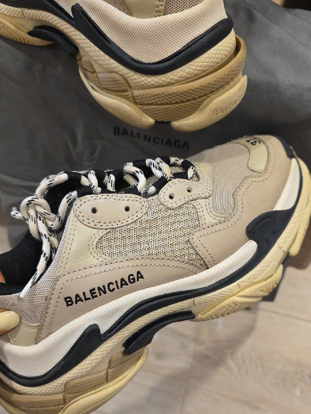 Balenciaga Beige and Black Triple S Sneakers